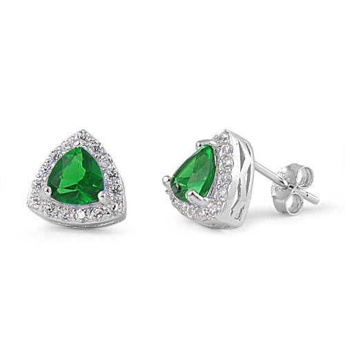 Sterling Silver Simulated Trillion Green Emerald Halo Stud Earrings - 9mm