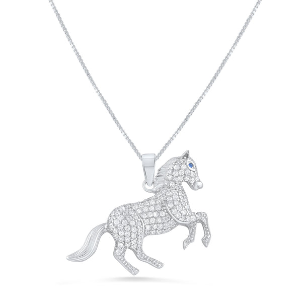 Sterling Silver Cz Running Stallion Horse Necklace 18"
