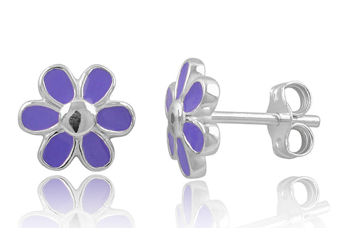 Sterling Silver Purple Daisy Flower Stud Earrings - 8mm