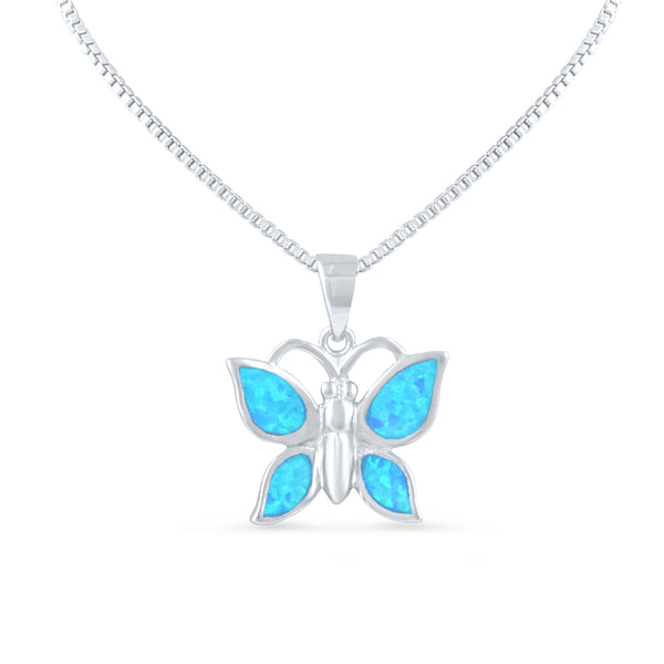 Sterling Silver Created Blue Opal Butterfly Necklace - 18mm