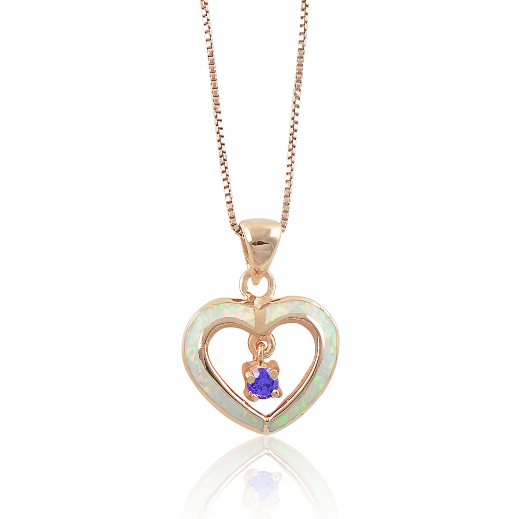 Rose Gold Tone Silver Created Pink Opal Heart Necklace