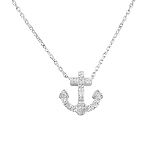 Sterling Silver Simulated Diamond Anchor Necklace 18"